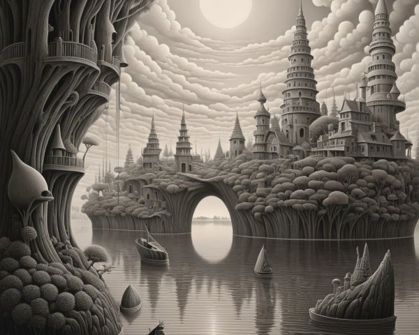 Surreal Landscape with Whimsical Trees and River