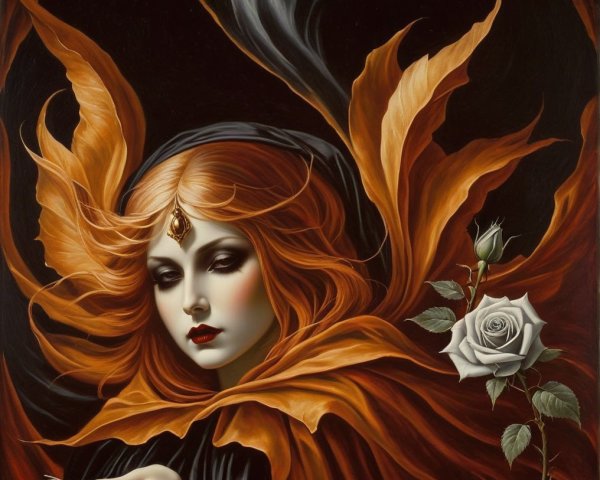 Mystical Figure with Red Hair and Ethereal Fabrics