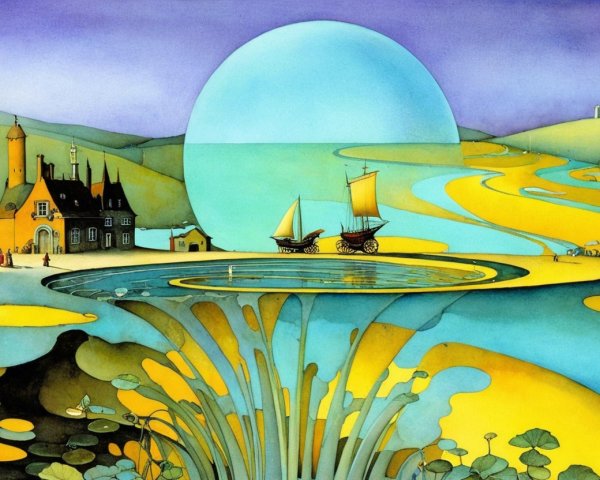 Surreal Landscape with Vibrant Colors and Shapes