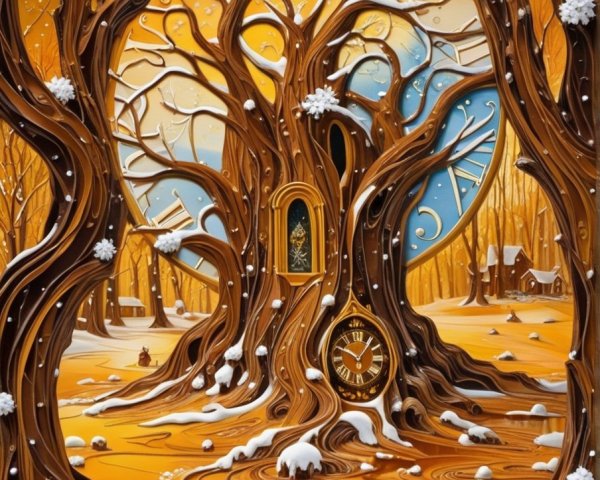 Whimsical Tree with Clocks in Vibrant Sky Setting