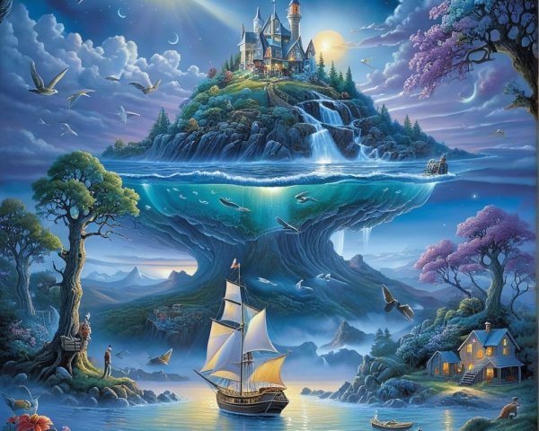 Floating Island with Castle and Serene Landscape
