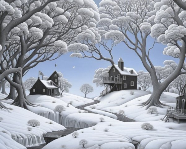 Winter Landscape with Black Houses and Snowy Hills