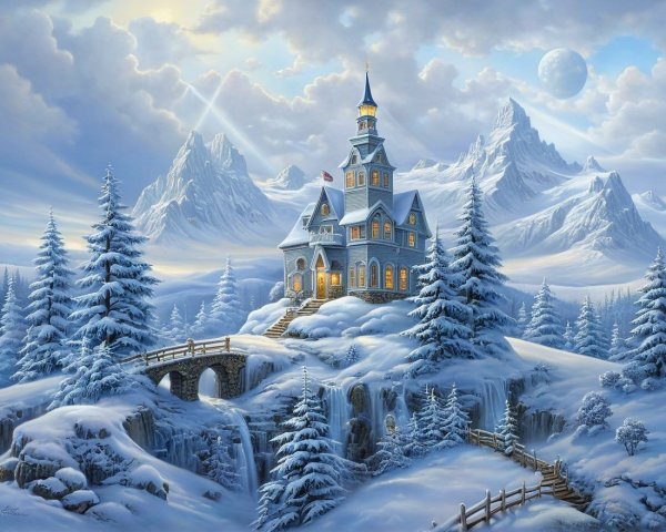 Serene winter landscape with a charming house and trees