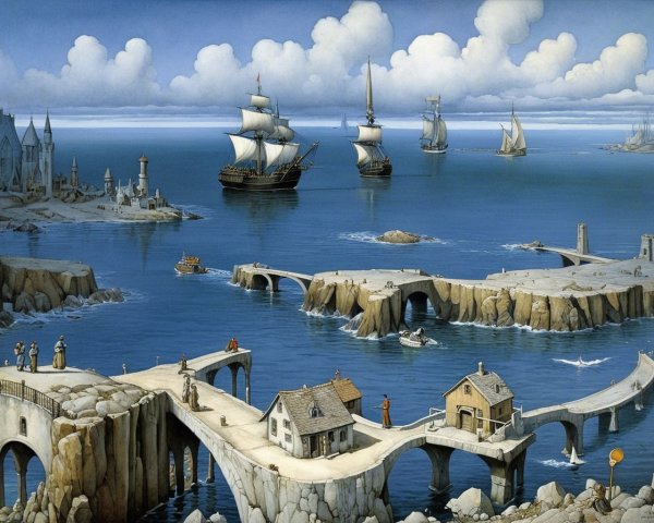 Surreal Coastal Scene with Whimsical Bridges and Ships