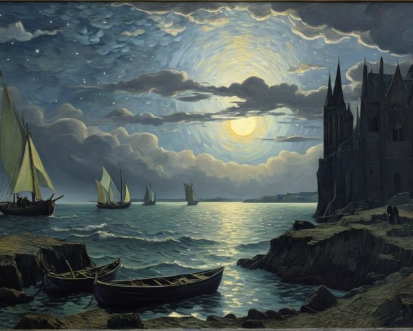Serene Seascape with Moonlit Sailing Boats and Rocks