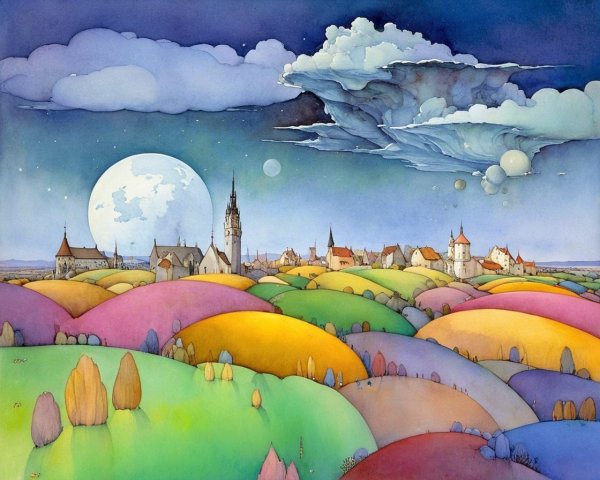 Whimsical Landscape with Colorful Hills and Village