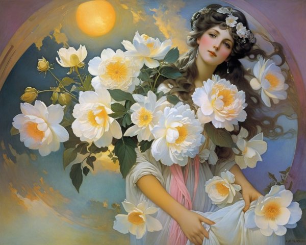Serene Woman with Floral Crown and Peonies
