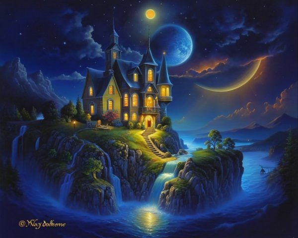 Mystical castle on cliff with waterfalls and lake