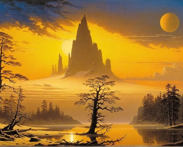 Golden Sunset Over Mountain Landscape with Lake Reflection