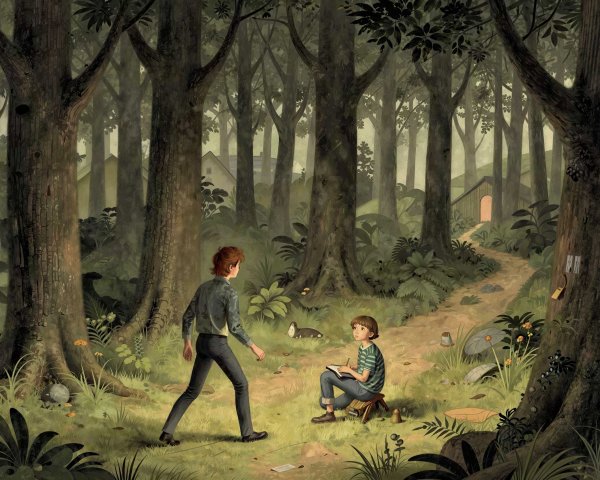 Oil Painting of Boys in a Forest with a Winding Path