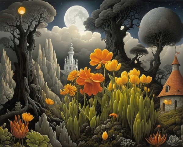 Mystical Landscape with Vibrant Flowers and Castle