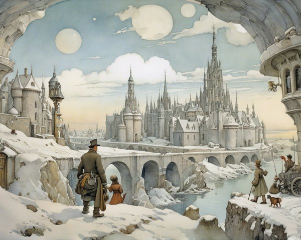 Fantastical Winter Landscape with Castle City and Moons
