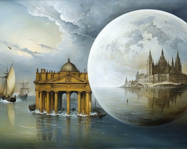 Surreal Landscape with Classical Port and Translucent Orb