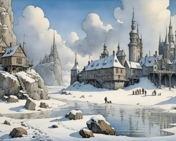 Winter Landscape with Castles and Frozen Lake