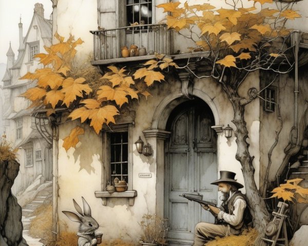 Medieval-Style House with Autumn Leaves and Characters