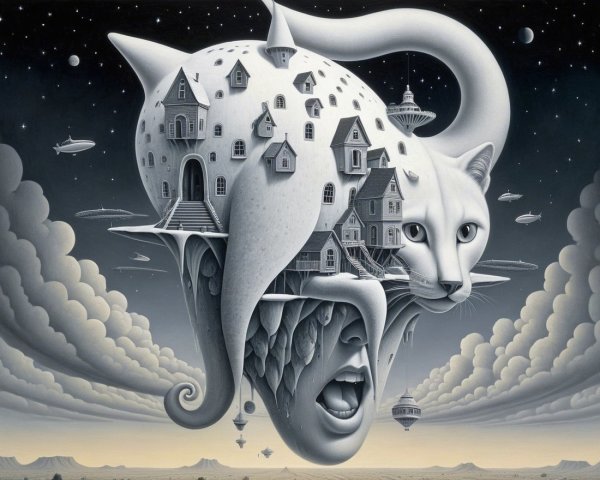 Surreal Cat-Human Fusion in Whimsical Landscape Art