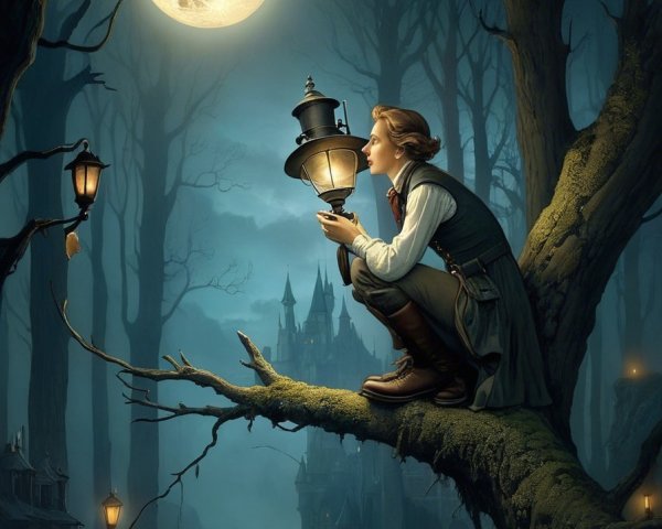 Lone Figure on Tree Branch Under Full Moonlight