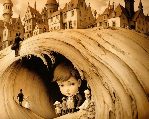 Surreal landscape with a giant wave and children
