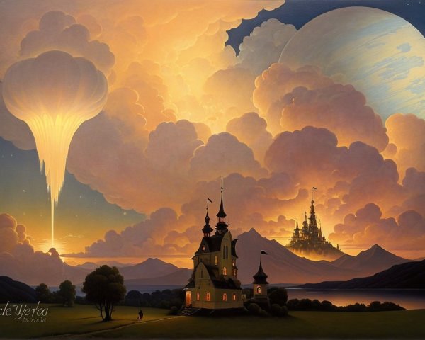 Whimsical Landscape with Castle and Tranquil Lake