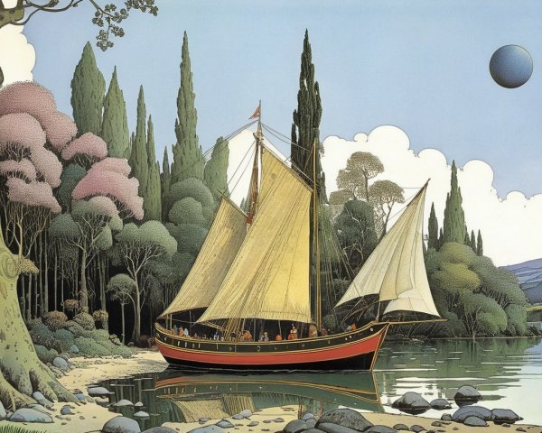 Sailboat on a Calm River Surrounded by Lush Foliage