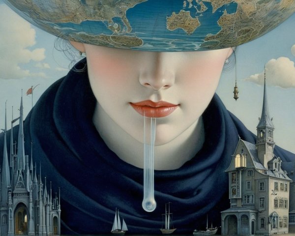 Surrealist Painting of a Female Face and Map Elements