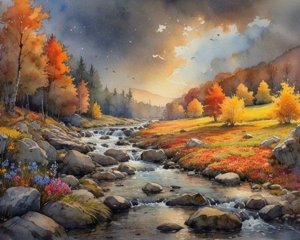 Serene Autumn Landscape with Stream and Foliage