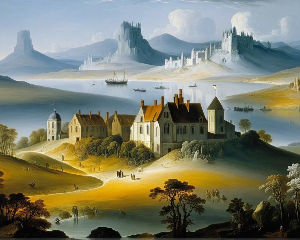 Majestic Castle by Reflective Lake in Serene Landscape