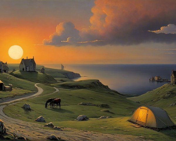 Sunset Landscape with Cottages and Rolling Hills