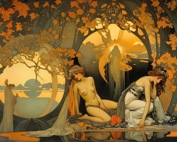Elegant Female Figures in Lush Stylized Landscape