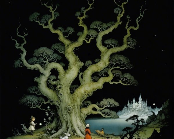 Whimsical Scene of Children and Animals by Ancient Tree