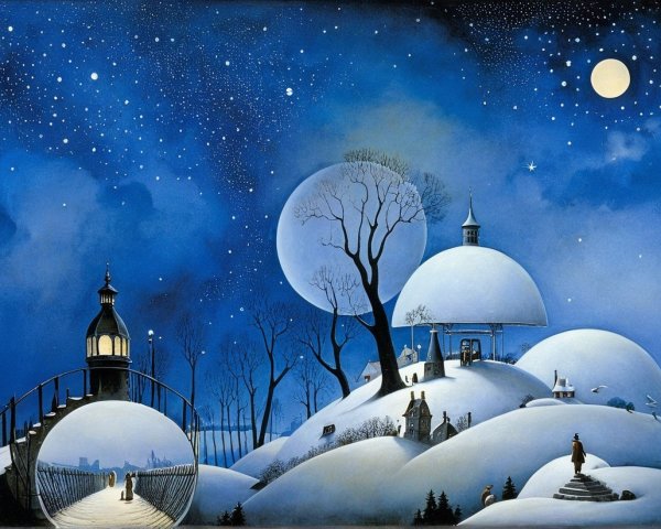 Winter Landscape with Snowy Hills and Starry Sky