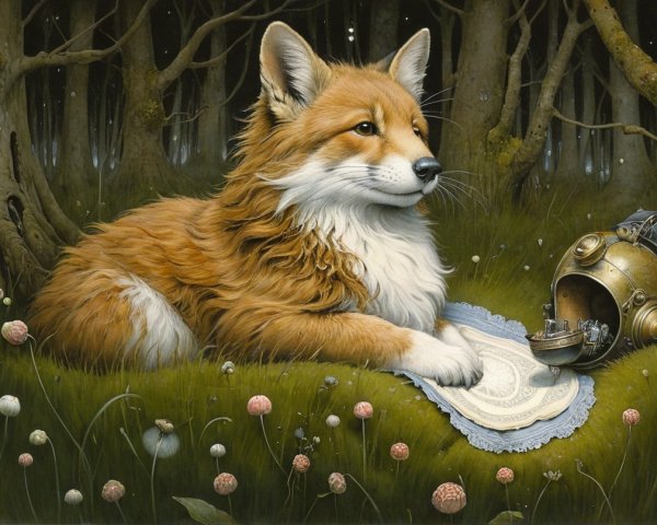 Anthropomorphic fox with compass in serene forest setting