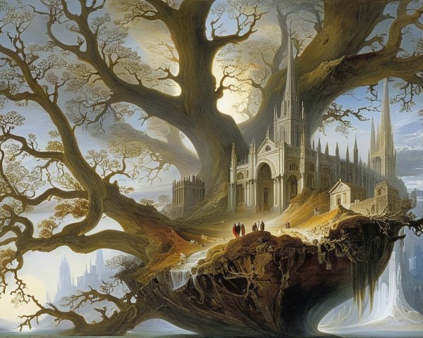 Ancient tree and Gothic cathedral on a floating island