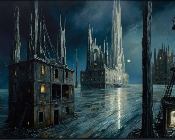 Surreal Landscape with Decaying Buildings and Moonlight