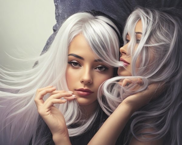 Two Women with Silver Hair in Ethereal Setting