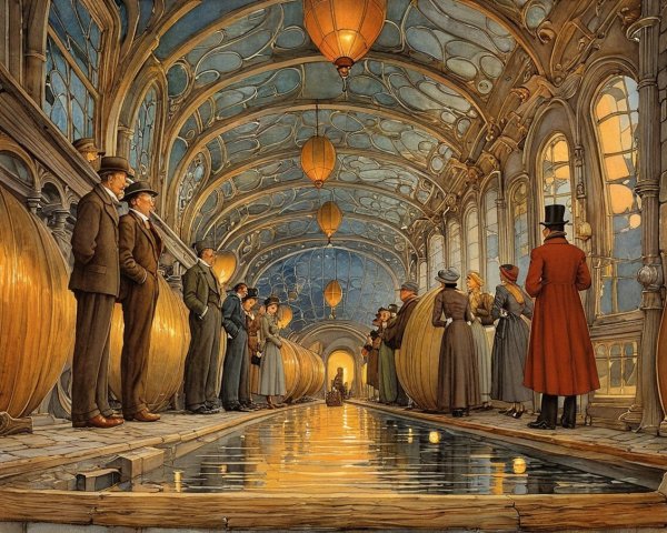 Elegant Arched Corridor with Lanterns and Victorian Figures