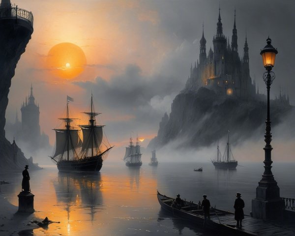 Twilight Scene with Ships and a Castle at Sunset