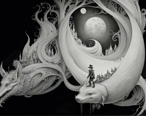 Mystical Black and White Scene with Dragon and Whale