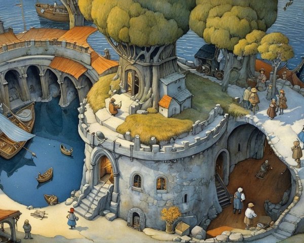Whimsical Split View of Castle and Harbor Landscape