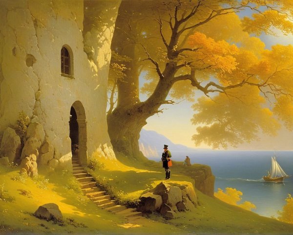Tranquil Landscape with Stone Tower and Autumn Trees