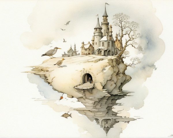 Whimsical landscape with floating castle and clouds