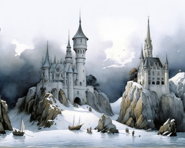 Majestic Castles on Rocky Cliffs in Winter Landscape