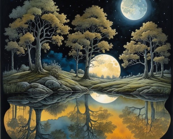 Tranquil Night Scene with Lake and Moonlight Reflections
