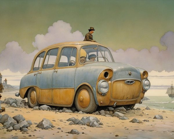 Vintage Car on Rocky Beach with Figures and Sailboats
