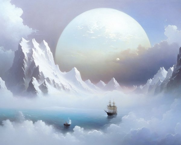 Tranquil Landscape with Snow-Capped Mountains and Ships