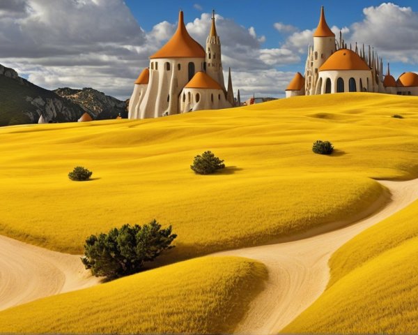 Surreal Landscape with Golden Hills and Whimsical Structures