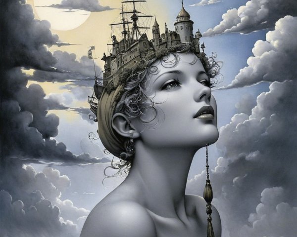 Surreal Scene of Woman with Castle Crown in Moonlight