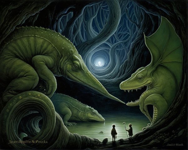 Mythical Creatures in a Mystical Cave Setting