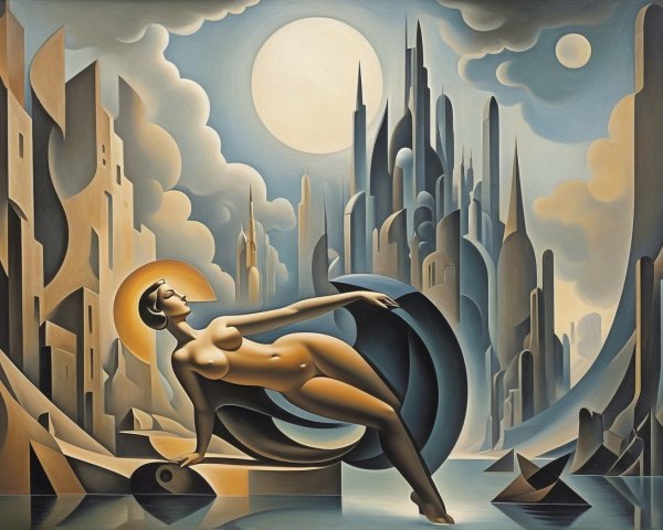 Stylized Woman Against Abstract Geometric Shapes