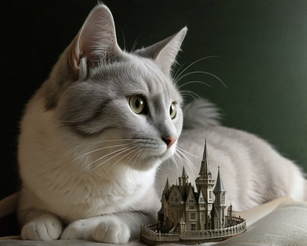 Fluffy Cat with Miniature Castle on Open Book